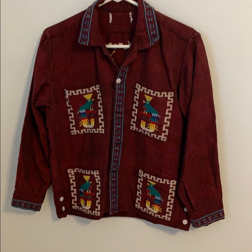Red embroidered button down